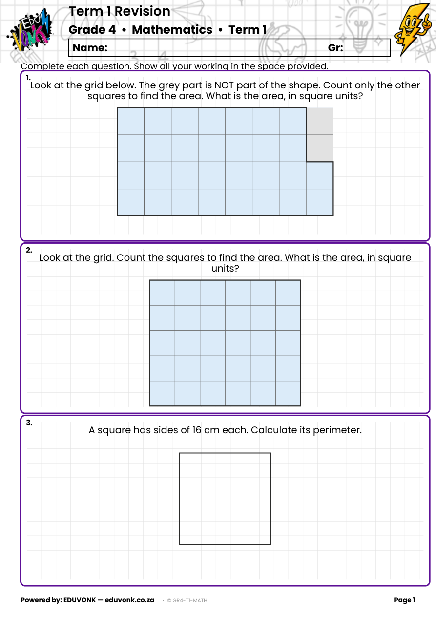 Sample page from the Grade 4 Term 1 revision paper