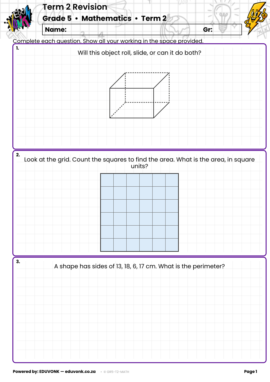 Sample page from the Grade 5 Term 2 revision paper