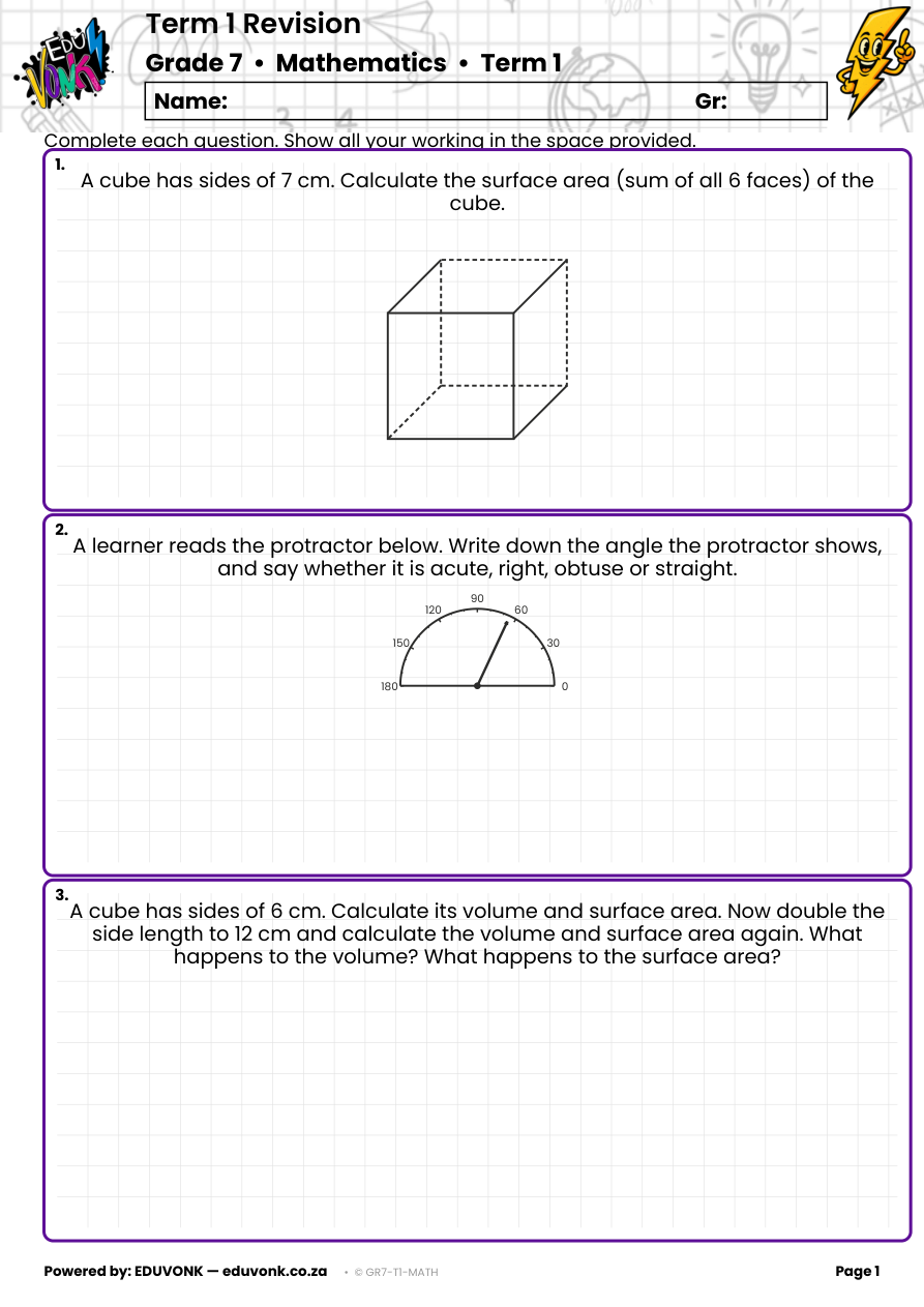 Sample page from the Grade 7 Term 1 revision paper