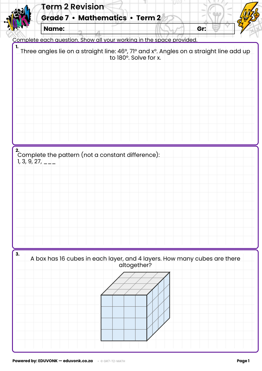 Sample page from the Grade 7 Term 2 revision paper