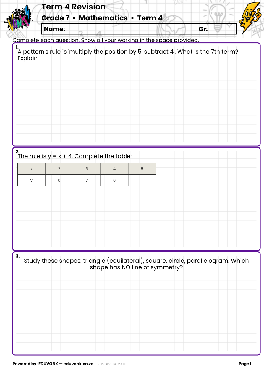 Sample page from the Grade 7 Term 4 revision paper