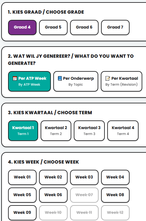 Kies graad, kwartaal en week in die VONK-generator